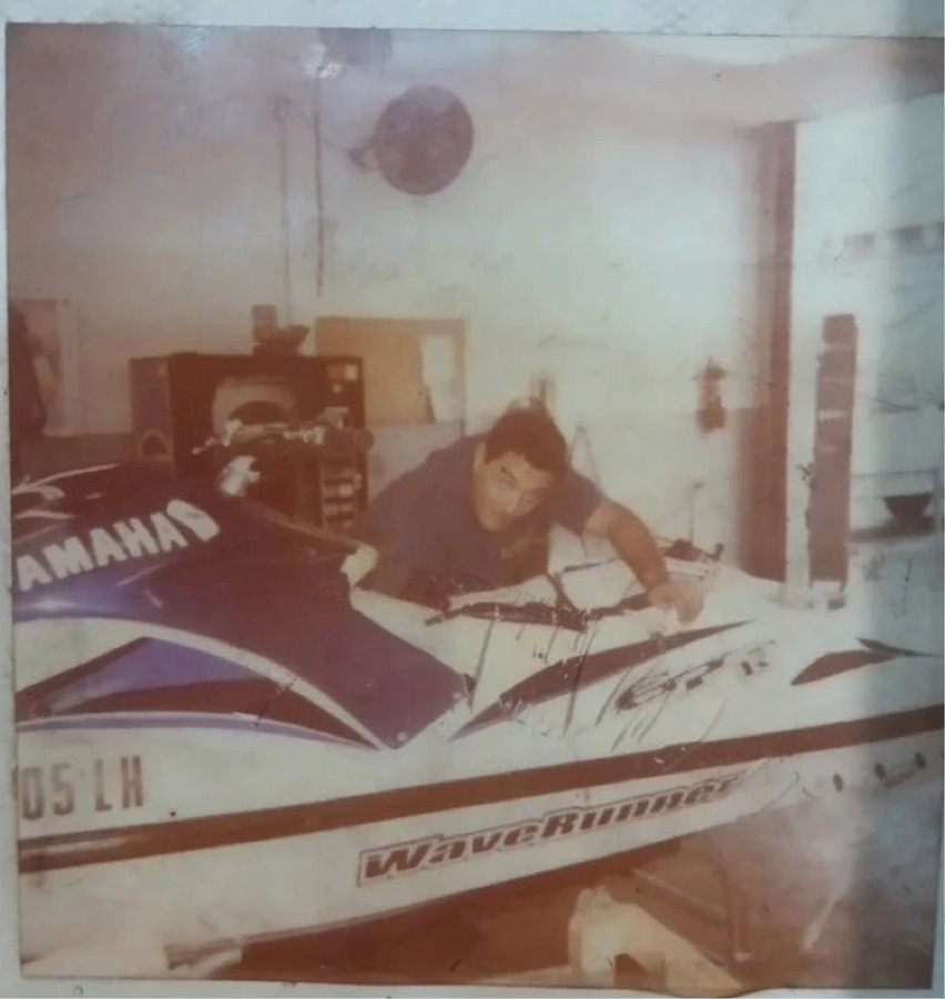 A Yamaha WaveRunner being worked on in the shop in the early 1990s