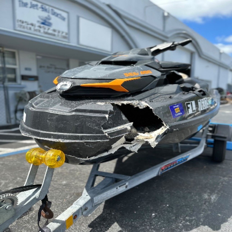 Jet ski hull damage before fiberglass repair