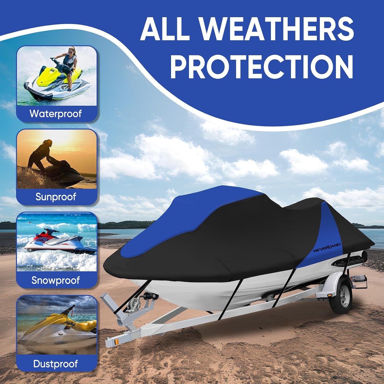 Trailerable Jet Ski Cover Waterproof - 600D Compatible with Yamaha Seadoo, Jetski Covers 2 3 Seater UV Resistant, Heavy Duty Jetski Cover 2 Air Vents Personal Watercraft Cover 120" to 135"(Dark Blue)
