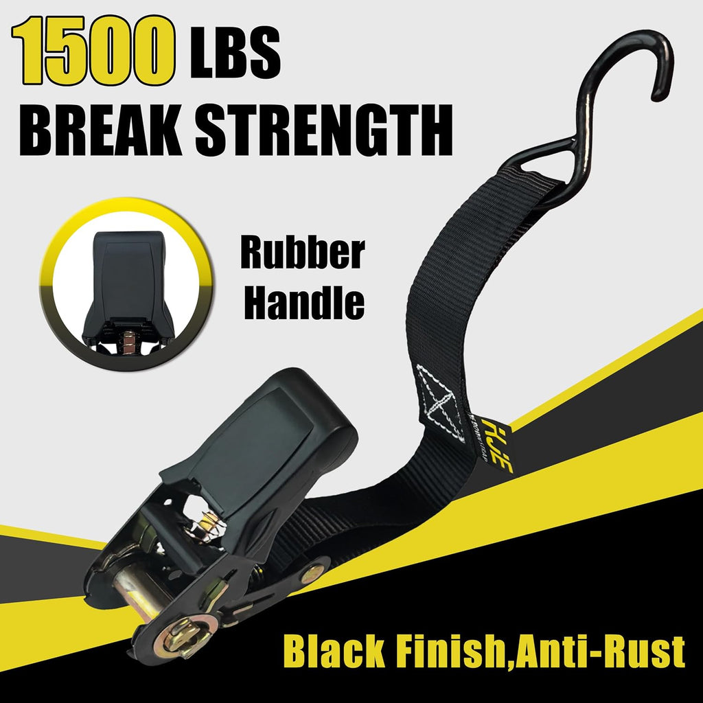 Ratchet Straps, (4) 1" X 15' Black Tie down Strap Sets + (4) Yellow Soft Loops, TPR Handles & Coated S Hook, 1500Lb Break Strength, Cargo Strap for Motorcycle, ATV
