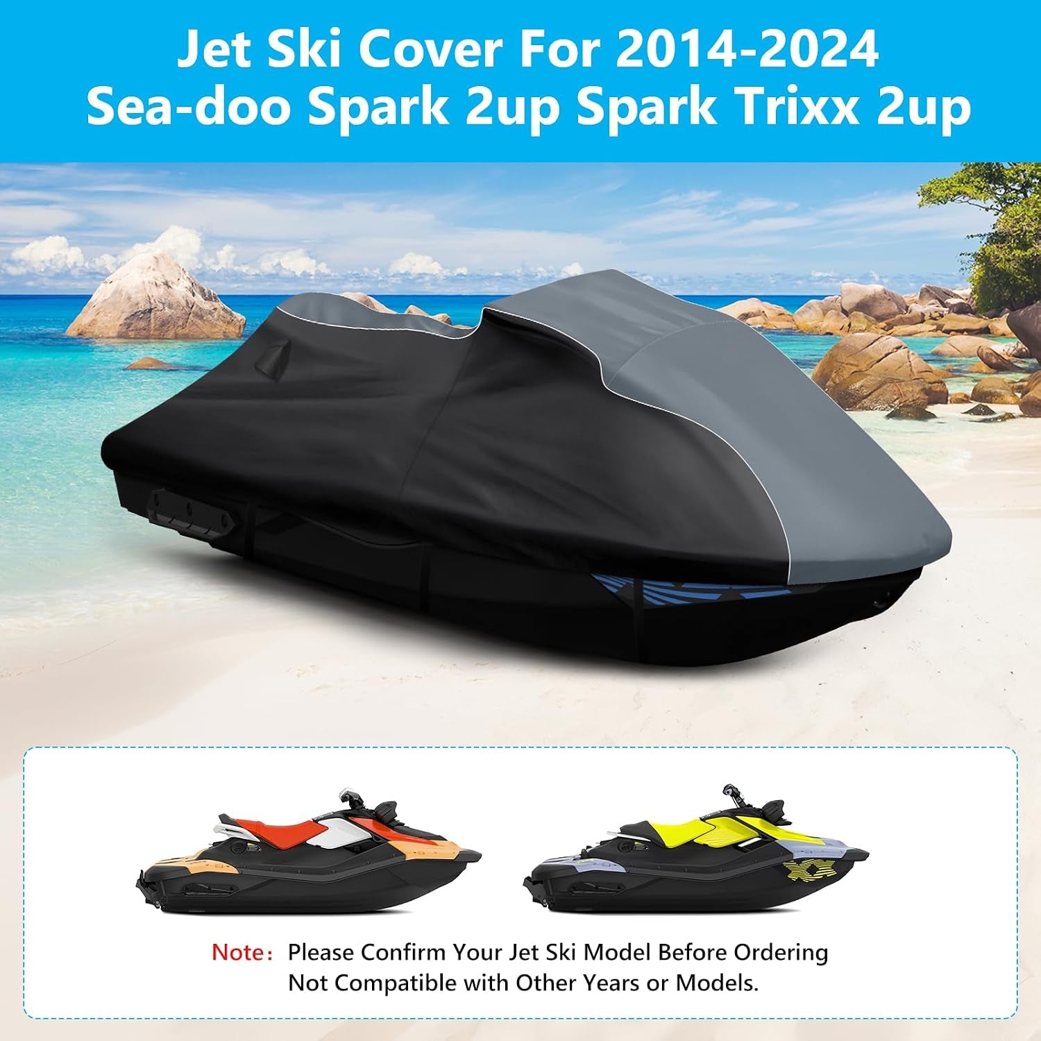 Waterproof Jet Ski Cover for Sea-Doo Spark 2Up Spark Trixx 2Up 2014-2024, 600D Trailerable Jet Ski Cover with 2 Air Vents, Heavy Duty Oxford All Weather Waverunner Cover