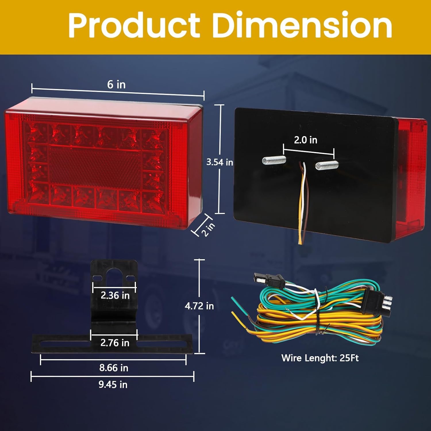 6 Inch Trailer Lights LED Kit, Submersible LED Boat Trailer Lights Rectangle Stop Turn License Plate Boat Trailer Light Kit W/25Ft Wiring Harness Trailer Light 12V