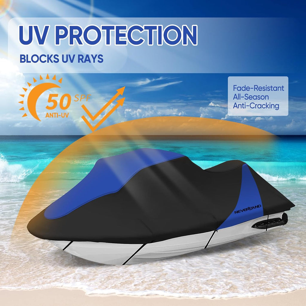 Trailerable Jet Ski Cover Waterproof - 600D Compatible with Yamaha Seadoo, Jetski Covers 2 3 Seater UV Resistant, Heavy Duty Jetski Cover 2 Air Vents Personal Watercraft Cover 120" to 135"(Dark Blue)