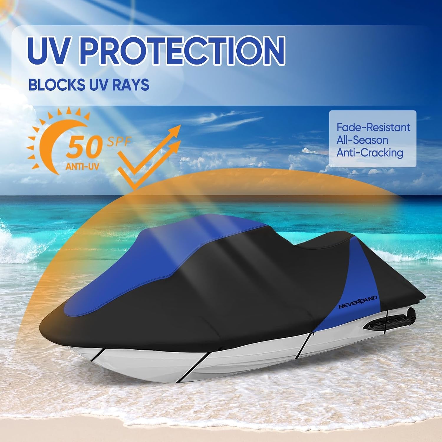 Trailerable Jet Ski Cover Waterproof - 600D Compatible with Yamaha Seadoo, Jetski Covers 2 3 Seater UV Resistant, Heavy Duty Jetski Cover 2 Air Vents Personal Watercraft Cover 120" to 135"(Dark Blue)
