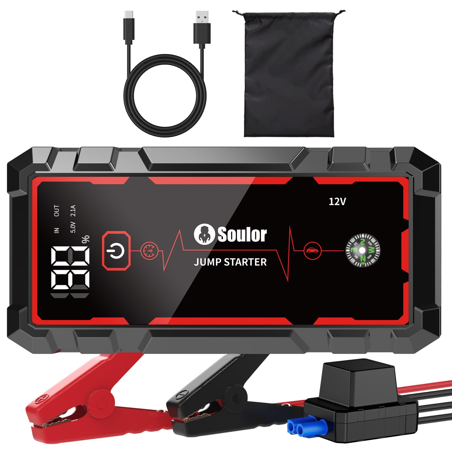 5000A Jump Starter Car Jumper Starter Portable Battery Booster Pack Jump Box with LED Display, LED Light and Jumper Cables(10.0L Gas and 10.0L Diesel)