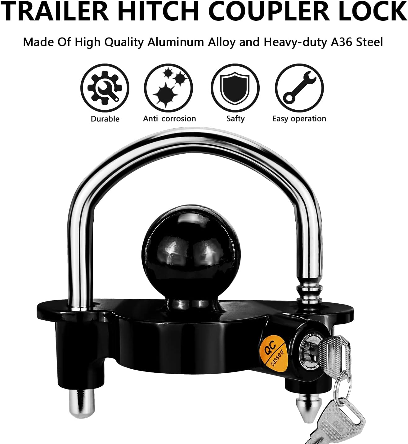 Funmit Trailer Lock Universal Coupler Ball Lock Fits 1-7/8", 2", and 2-5/16" Couplers, Boat Camper Accessories for Travel Trailers Adjustable Heavy-Duty Steel Hitch Lock Black