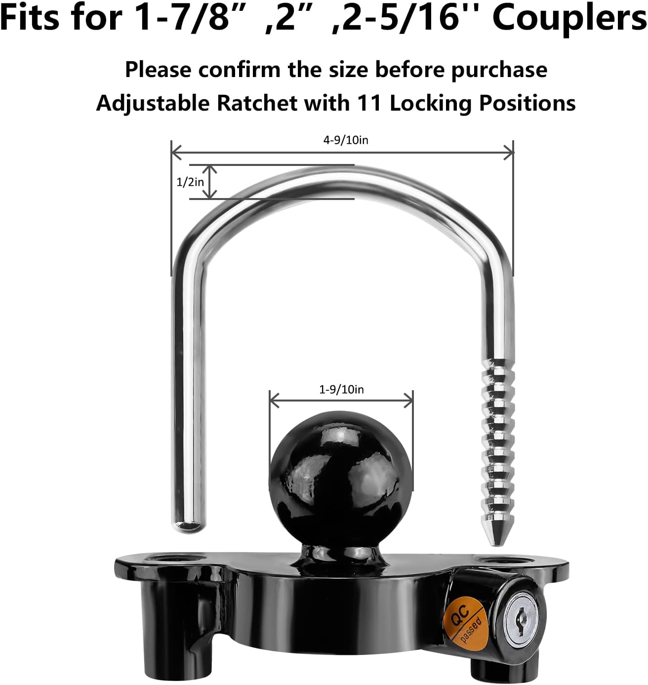 Funmit Trailer Lock Universal Coupler Ball Lock Fits 1-7/8", 2", and 2-5/16" Couplers, Boat Camper Accessories for Travel Trailers Adjustable Heavy-Duty Steel Hitch Lock Black