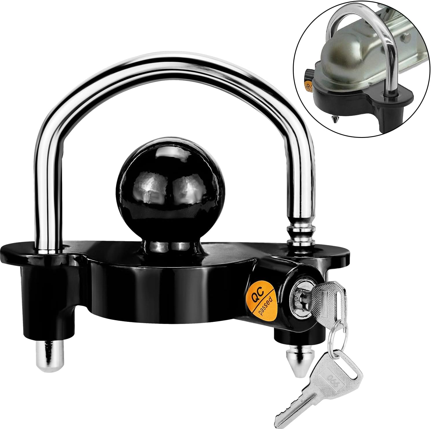 Funmit Trailer Lock Universal Coupler Ball Lock Fits 1-7/8", 2", and 2-5/16" Couplers, Boat Camper Accessories for Travel Trailers Adjustable Heavy-Duty Steel Hitch Lock Black