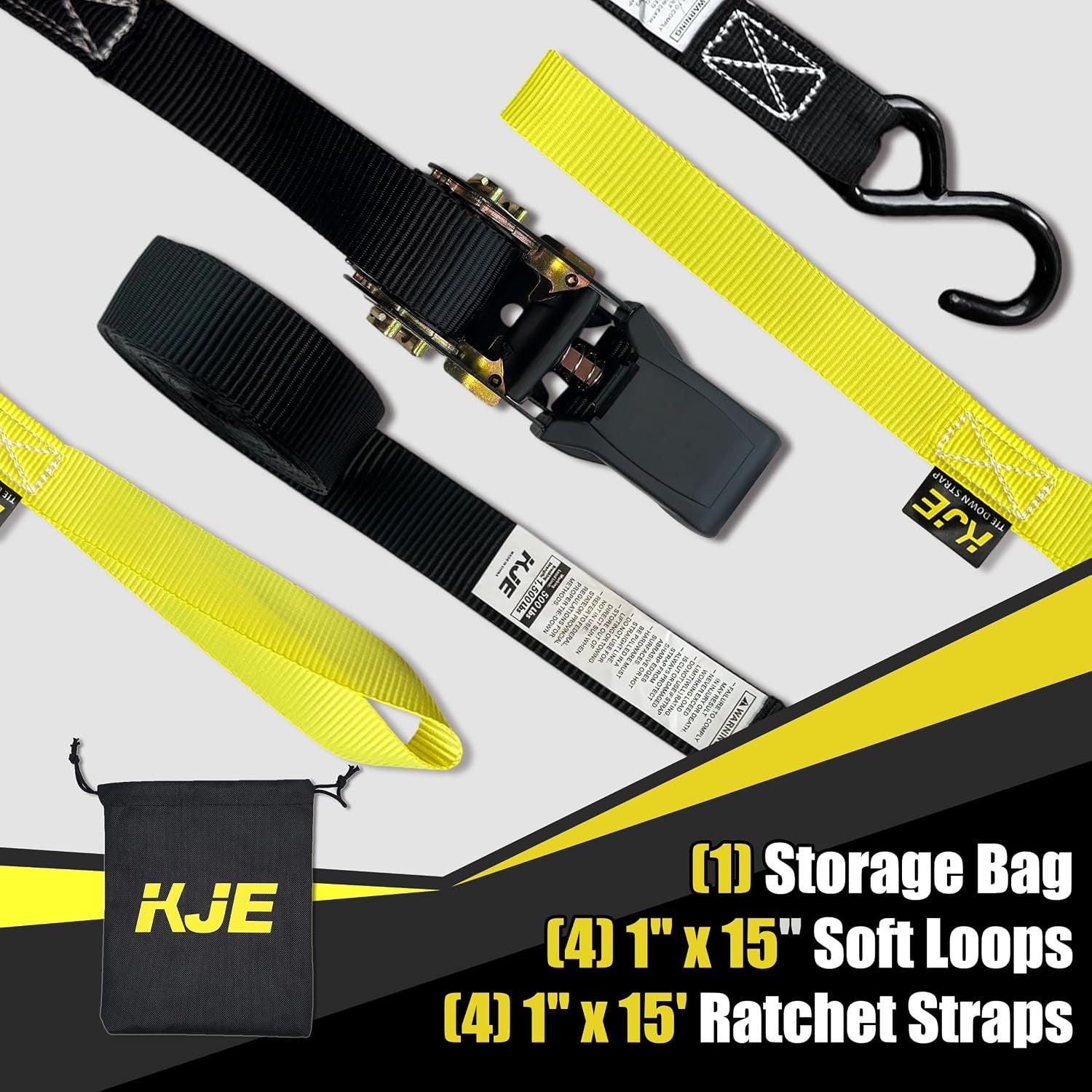 Ratchet Straps, (4) 1" X 15' Black Tie down Strap Sets + (4) Yellow Soft Loops, TPR Handles & Coated S Hook, 1500Lb Break Strength, Cargo Strap for Motorcycle, ATV