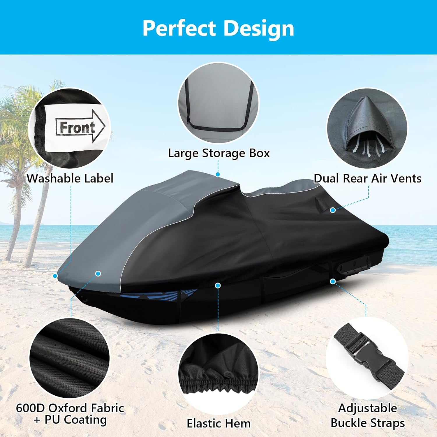 Waterproof Jet Ski Cover for Sea-Doo Spark 2Up Spark Trixx 2Up 2014-2024, 600D Trailerable Jet Ski Cover with 2 Air Vents, Heavy Duty Oxford All Weather Waverunner Cover