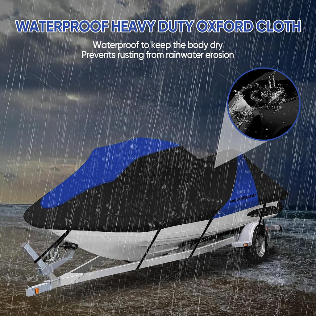 Trailerable Jet Ski Cover Waterproof - 600D Compatible with Yamaha Seadoo, Jetski Covers 2 3 Seater UV Resistant, Heavy Duty Jetski Cover 2 Air Vents Personal Watercraft Cover 120" to 135"(Dark Blue)