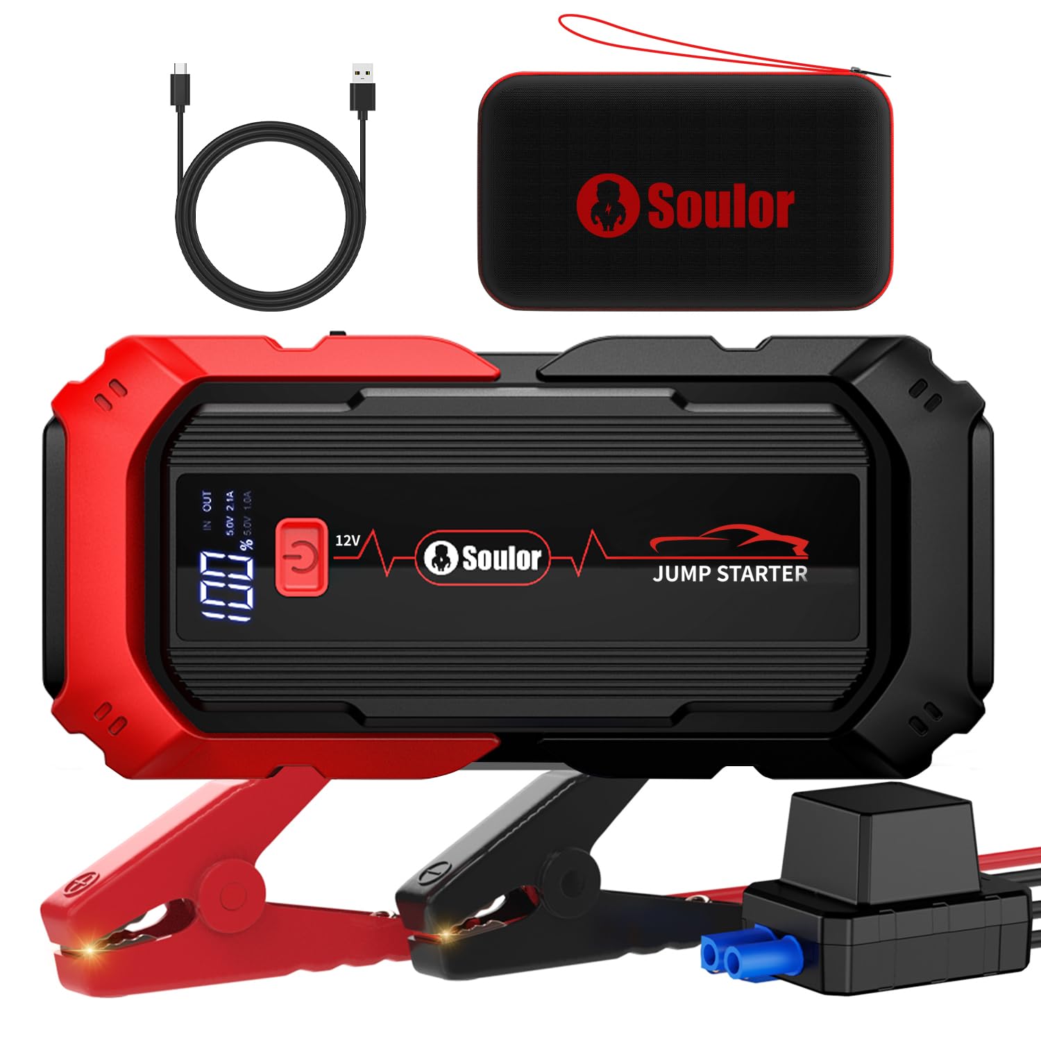 5000A Jump Starter Car Jumper Starter Portable Battery Booster Pack Jump Box with LED Display, LED Light and Jumper Cables(10.0L Gas and 10.0L Diesel)