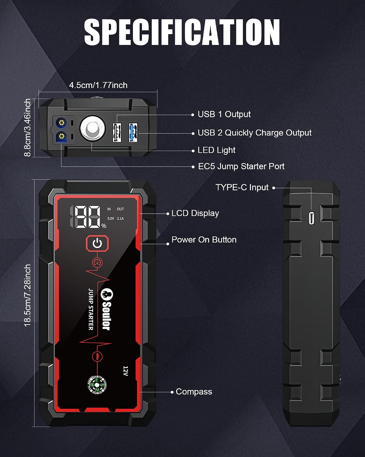 5000A Jump Starter Car Jumper Starter Portable Battery Booster Pack Jump Box with LED Display, LED Light and Jumper Cables(10.0L Gas and 10.0L Diesel)