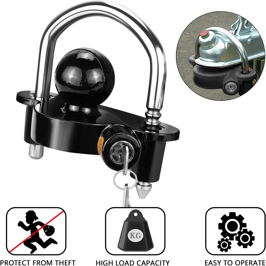 Funmit Trailer Lock Universal Coupler Ball Lock Fits 1-7/8", 2", and 2-5/16" Couplers, Boat Camper Accessories for Travel Trailers Adjustable Heavy-Duty Steel Hitch Lock Black