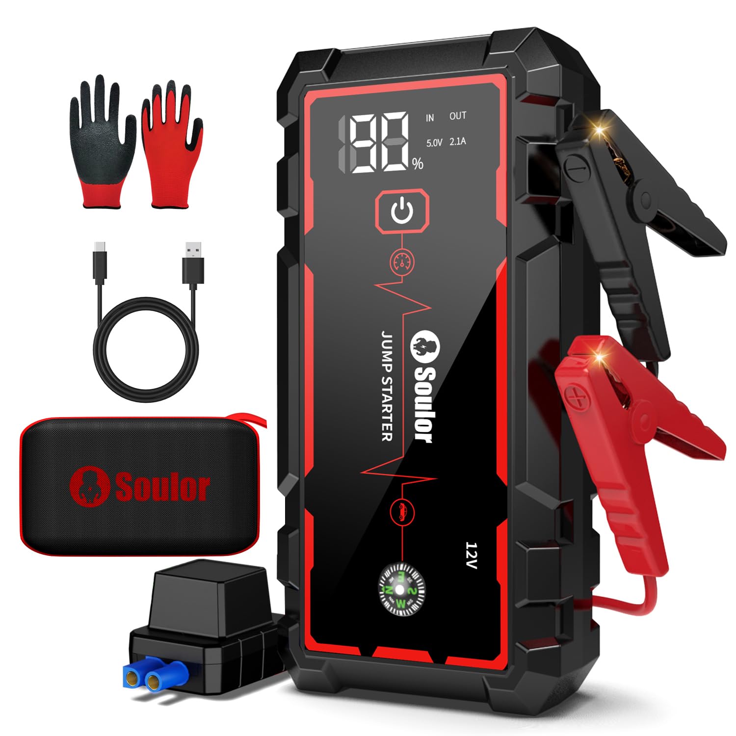 5000A Jump Starter Car Jumper Starter Portable Battery Booster Pack Jump Box with LED Display, LED Light and Jumper Cables(10.0L Gas and 10.0L Diesel)