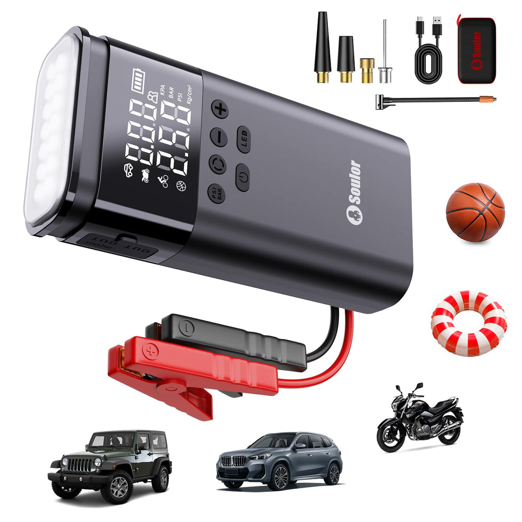 5000A Jump Starter Car Jumper Starter Portable Battery Booster Pack Jump Box with LED Display, LED Light and Jumper Cables(10.0L Gas and 10.0L Diesel)