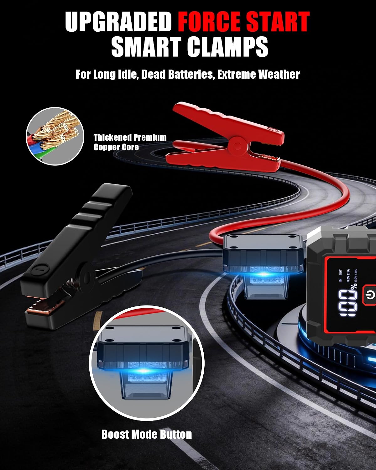 5000A Jump Starter Car Jumper Starter Portable Battery Booster Pack Jump Box with LED Display, LED Light and Jumper Cables(10.0L Gas and 10.0L Diesel)