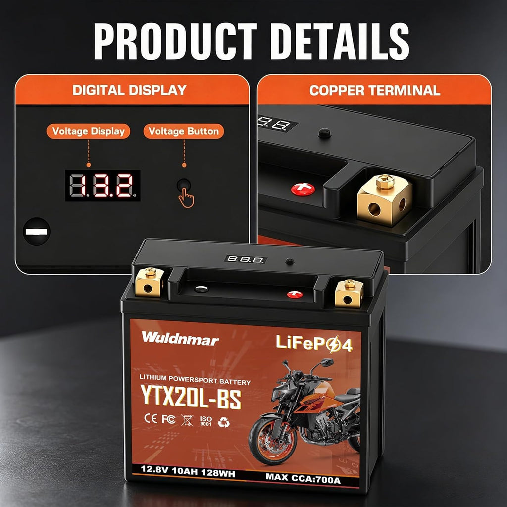 YTX20L-BS Lithium Motorcycle Battery, 12V 10AH LiFePO4 Battery with 700A, Built-in BMS, Replacement for ATV UTV Jet Ski Snowmobile Harley Riding Lawn Mower Generator