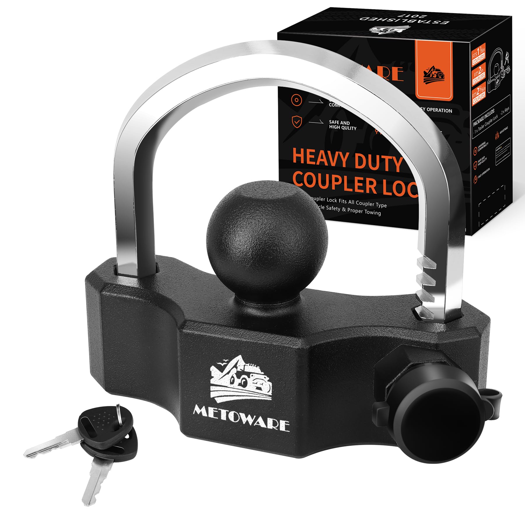 METOWARE Universal Trailer Hitch Locks, Adjustable Heavy-Duty Trailer Coupler Ball Locks Fit 1-7/8 Inch, 2 Inch, 2-5/16 Inch Couplers with 2 Keys