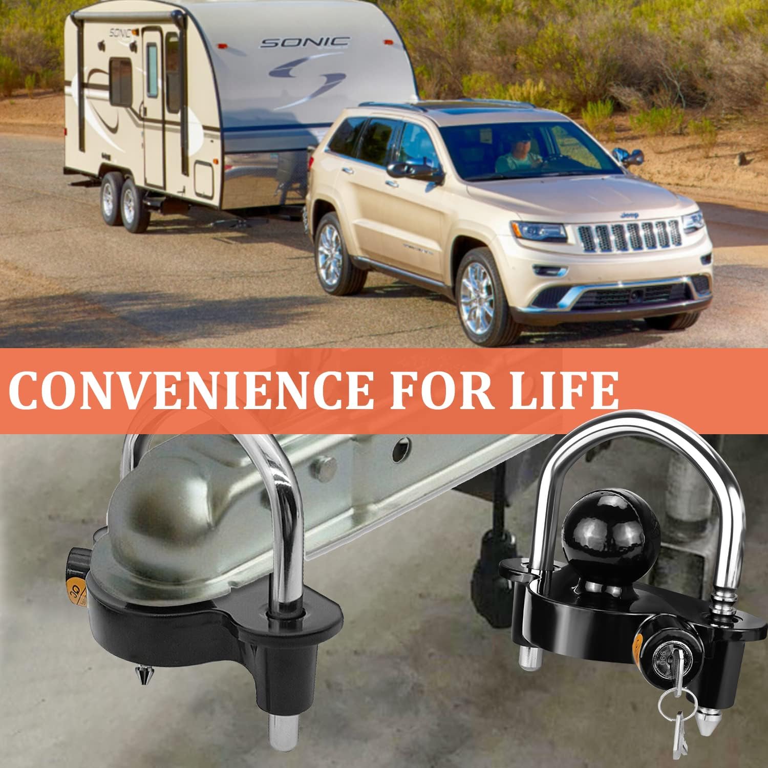 Funmit Trailer Lock Universal Coupler Ball Lock Fits 1-7/8", 2", and 2-5/16" Couplers, Boat Camper Accessories for Travel Trailers Adjustable Heavy-Duty Steel Hitch Lock Black