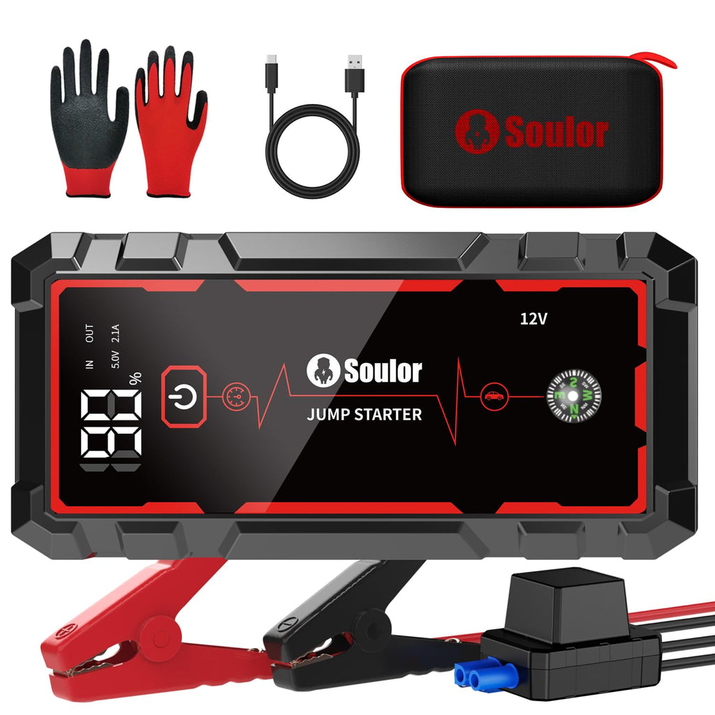 5000A Jump Starter Car Jumper Starter Portable Battery Booster Pack Jump Box with LED Display, LED Light and Jumper Cables(10.0L Gas and 10.0L Diesel)
