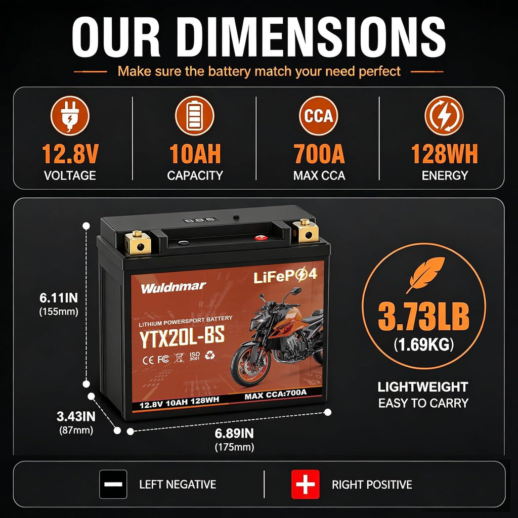 YTX20L-BS Lithium Motorcycle Battery, 12V 10AH LiFePO4 Battery with 700A, Built-in BMS, Replacement for ATV UTV Jet Ski Snowmobile Harley Riding Lawn Mower Generator
