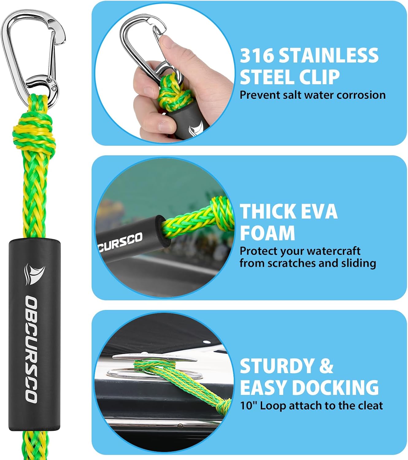Obcursco Bungee Dock Lines for Boat, Docking Rope with 316 Stainless Steel Clips, Accessories for Jet Ski, PWC, SeaDoo, Pontoon, Center Console, Sets of Two(4ft & 6ft) (Green/Yellow)