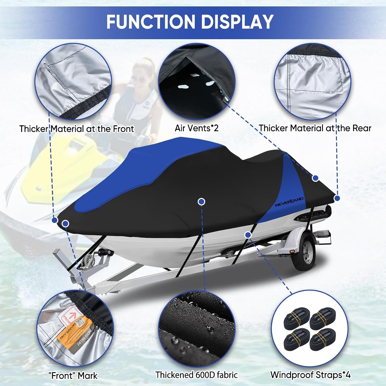 Trailerable Jet Ski Cover Waterproof - 600D Compatible with Yamaha Seadoo, Jetski Covers 2 3 Seater UV Resistant, Heavy Duty Jetski Cover 2 Air Vents Personal Watercraft Cover 120" to 135"(Dark Blue)