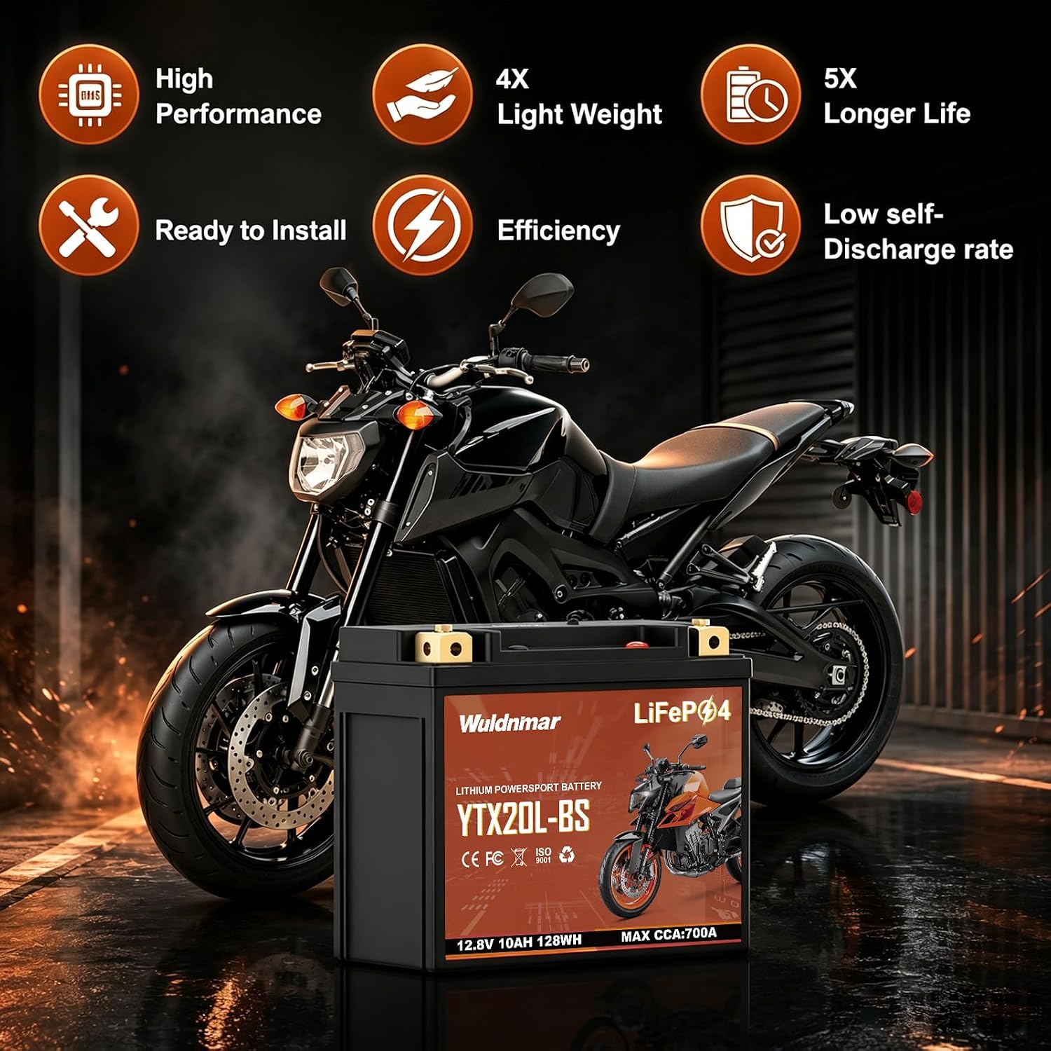 YTX20L-BS Lithium Motorcycle Battery, 12V 10AH LiFePO4 Battery with 700A, Built-in BMS, Replacement for ATV UTV Jet Ski Snowmobile Harley Riding Lawn Mower Generator