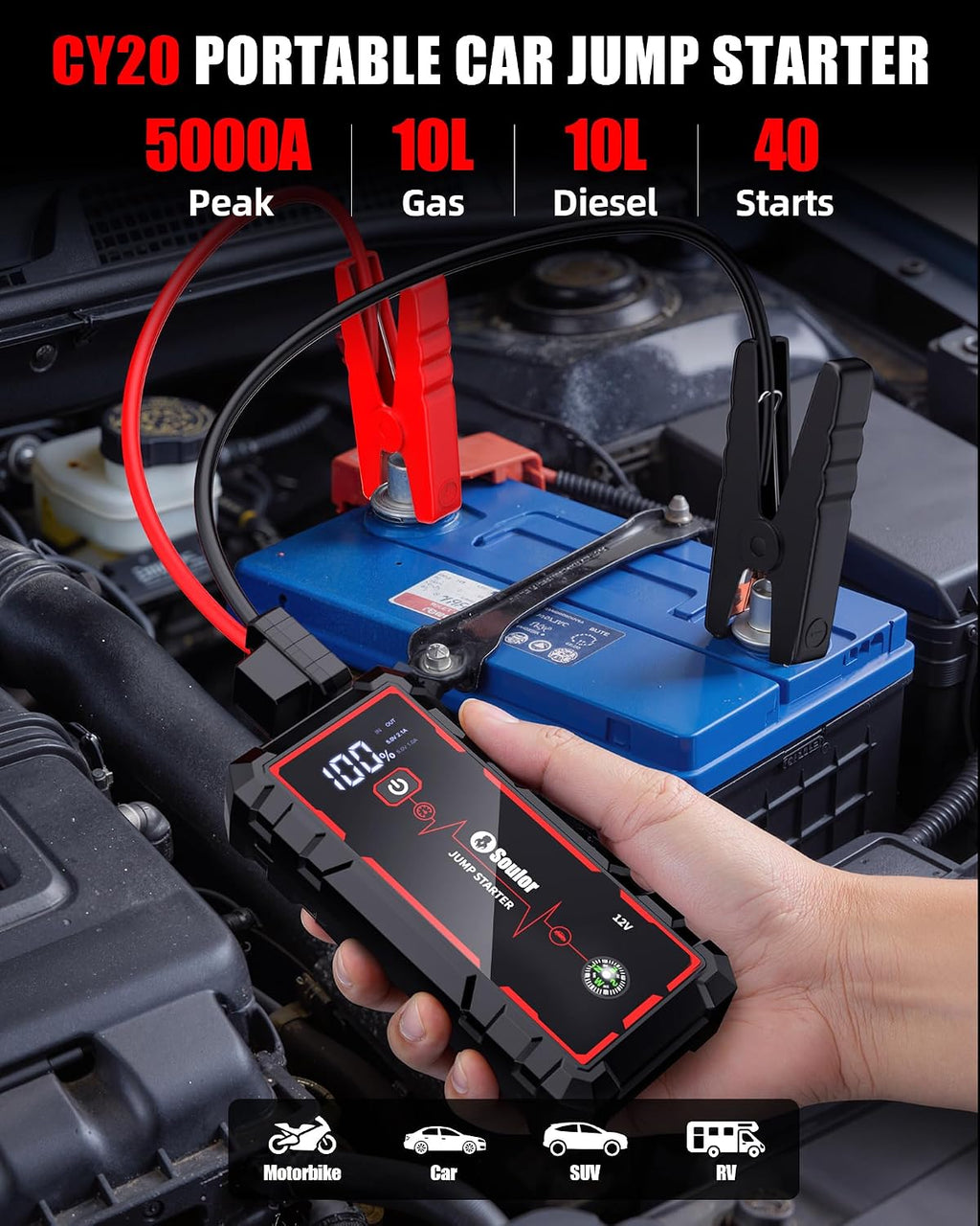 5000A Jump Starter Car Jumper Starter Portable Battery Booster Pack Jump Box with LED Display, LED Light and Jumper Cables(10.0L Gas and 10.0L Diesel)