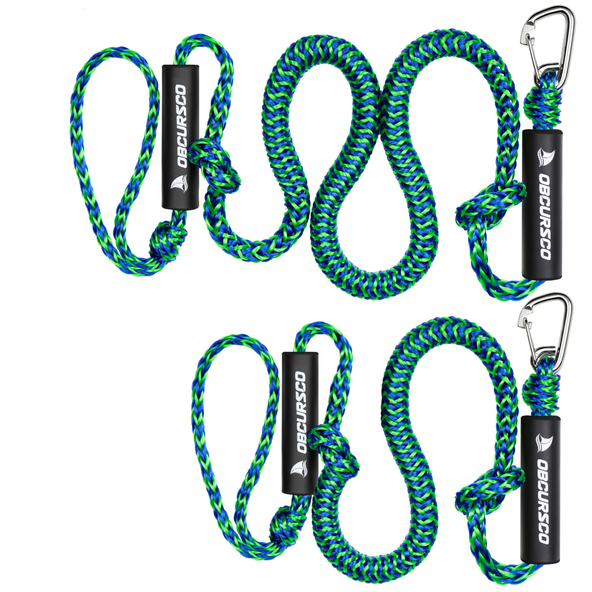Obcursco Bungee Dock Lines for Boat, Docking Rope with 316 Stainless Steel Clips, Accessories for Jet Ski, PWC, SeaDoo, Pontoon, Center Console, Sets of Two(4ft & 6ft) (Green/Yellow)