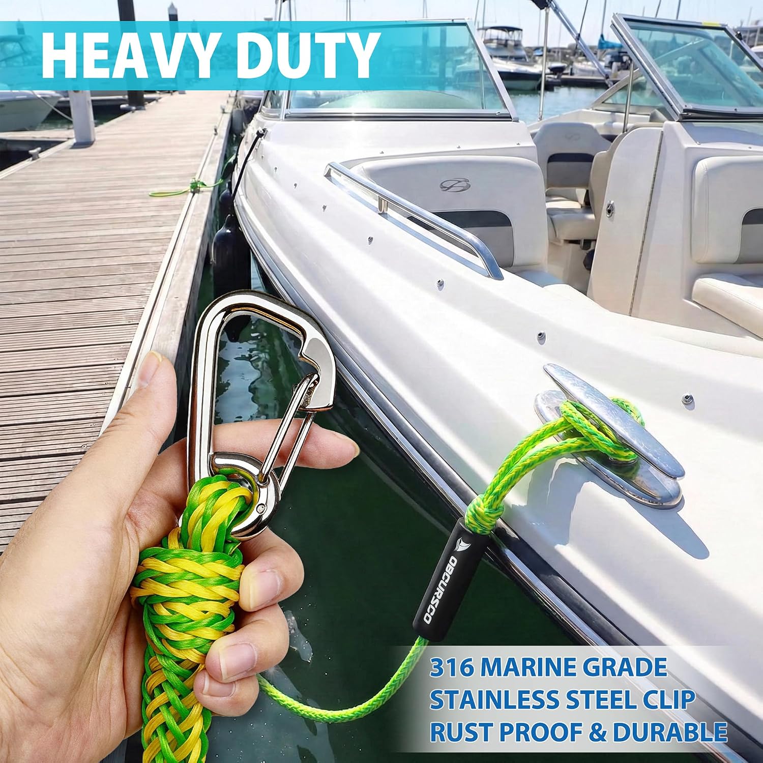 Obcursco Bungee Dock Lines for Boat, Docking Rope with 316 Stainless Steel Clips, Accessories for Jet Ski, PWC, SeaDoo, Pontoon, Center Console, Sets of Two(4ft & 6ft) (Green/Yellow)