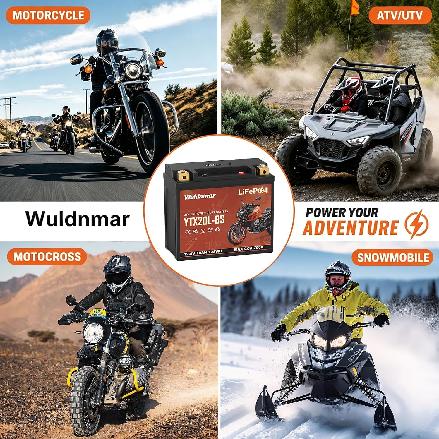 YTX20L-BS Lithium Motorcycle Battery, 12V 10AH LiFePO4 Battery with 700A, Built-in BMS, Replacement for ATV UTV Jet Ski Snowmobile Harley Riding Lawn Mower Generator