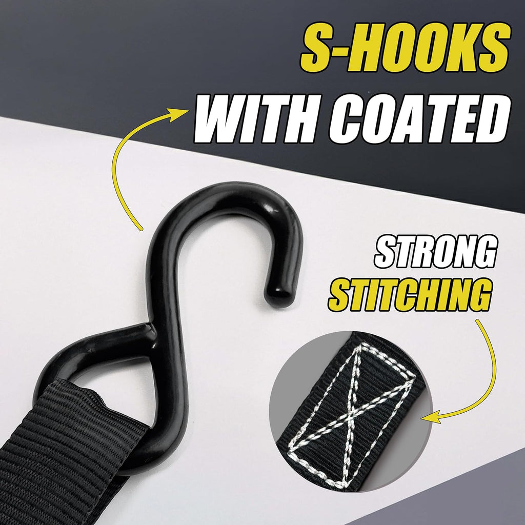 Ratchet Straps, (4) 1" X 15' Black Tie down Strap Sets + (4) Yellow Soft Loops, TPR Handles & Coated S Hook, 1500Lb Break Strength, Cargo Strap for Motorcycle, ATV