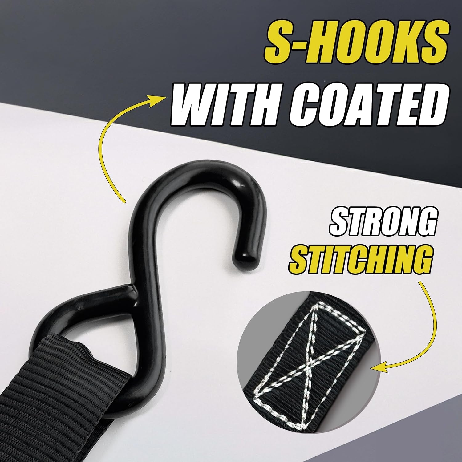 Ratchet Straps, (4) 1" X 15' Black Tie down Strap Sets + (4) Yellow Soft Loops, TPR Handles & Coated S Hook, 1500Lb Break Strength, Cargo Strap for Motorcycle, ATV