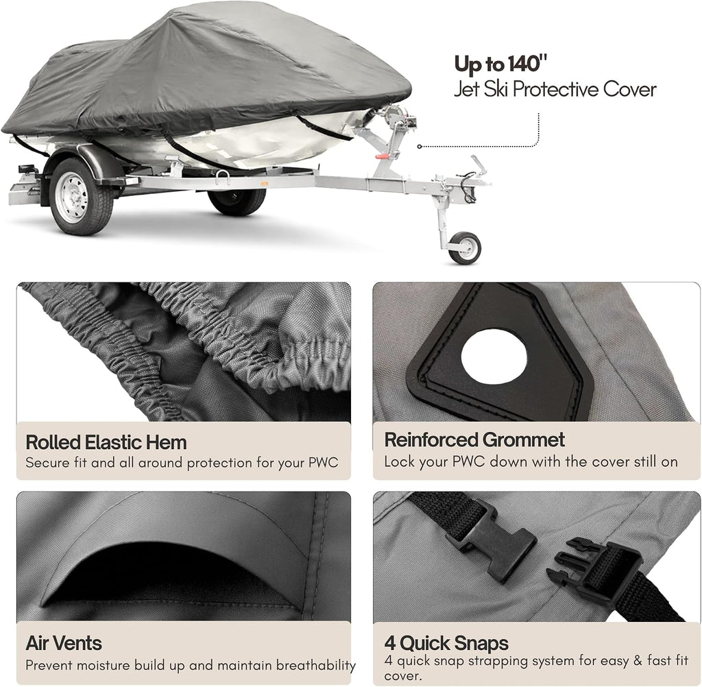 Trailerable Jet Ski Cover Personal Watercraft PWC Storage Compatible with Sea-Doo, Yamaha, Kawasaki, Polaris, Wet Jet, Honda, ARTCO Fits up to 140" (Charcoal Grey)