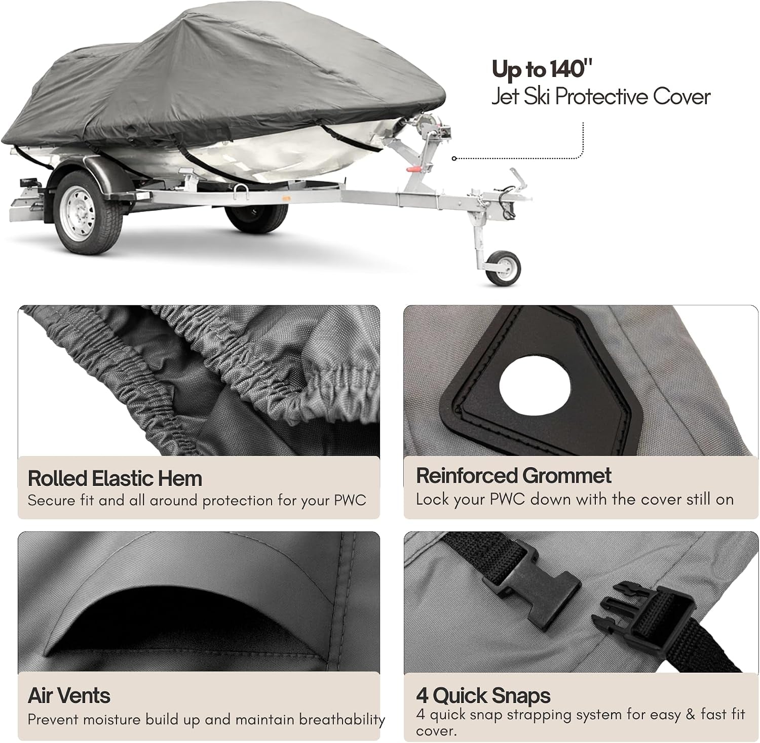 Trailerable Jet Ski Cover Personal Watercraft PWC Storage Compatible with Sea-Doo, Yamaha, Kawasaki, Polaris, Wet Jet, Honda, ARTCO Fits up to 140" (Charcoal Grey)