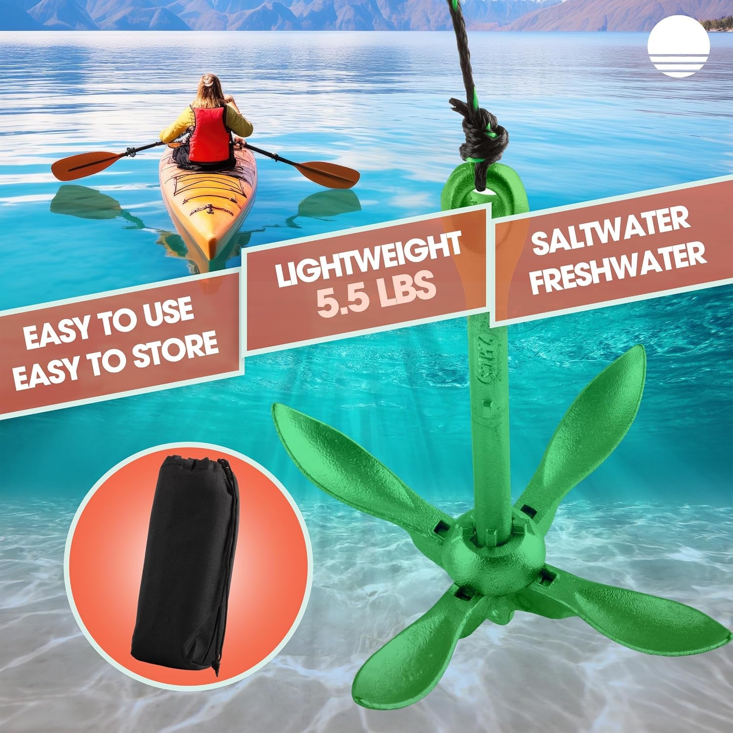 Kayak Anchor - Pound Folding Anchor for Paddle Board, SUP, Canoe, PWC, or Fishing - Jet Ski Anchor Kit with 40 Ft Marine Grade Rope - Jetski and Kayak Accessories by  (Silver)