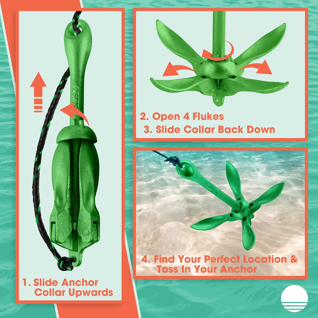Kayak Anchor - Pound Folding Anchor for Paddle Board, SUP, Canoe, PWC, or Fishing - Jet Ski Anchor Kit with 40 Ft Marine Grade Rope - Jetski and Kayak Accessories by  (Silver)