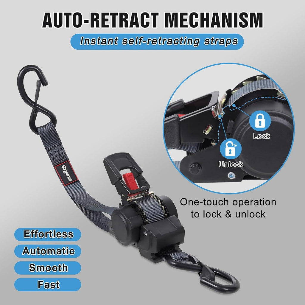 Retractable Ratchet Straps Automatic Ratchet Straps Self Retractable Ratchet Tie down Straps 4Pack 12FT Cargo Straps for Motorcycle, Truck, Boat
