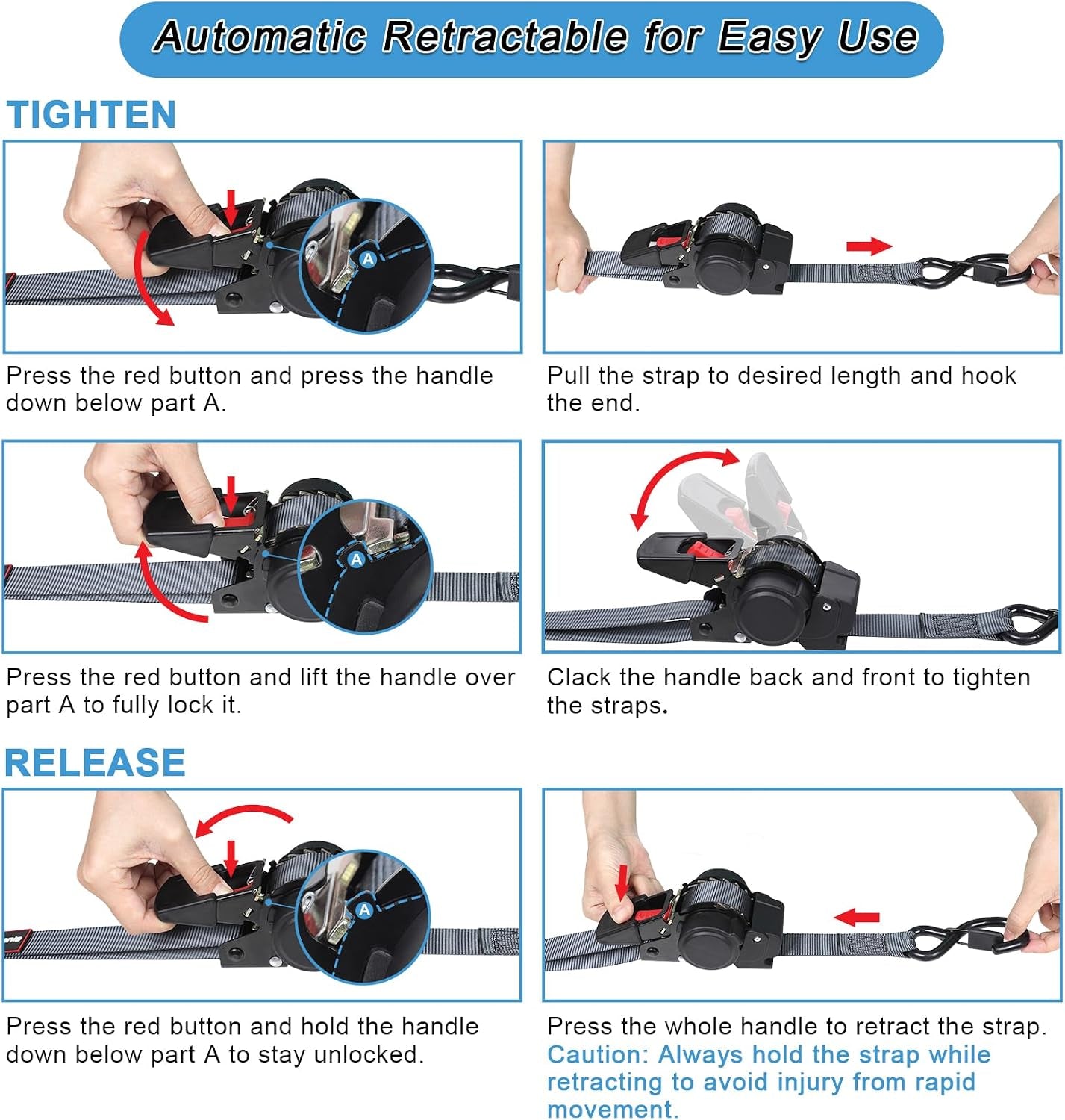 Retractable Ratchet Straps Automatic Ratchet Straps Self Retractable Ratchet Tie down Straps 4Pack 12FT Cargo Straps for Motorcycle, Truck, Boat