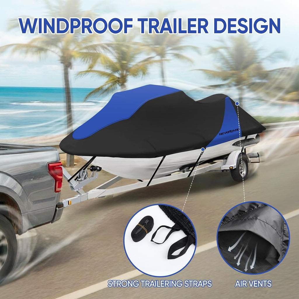 Trailerable Jet Ski Cover Waterproof - 600D Compatible with Yamaha Seadoo, Jetski Covers 2 3 Seater UV Resistant, Heavy Duty Jetski Cover 2 Air Vents Personal Watercraft Cover 120" to 135"(Dark Blue)