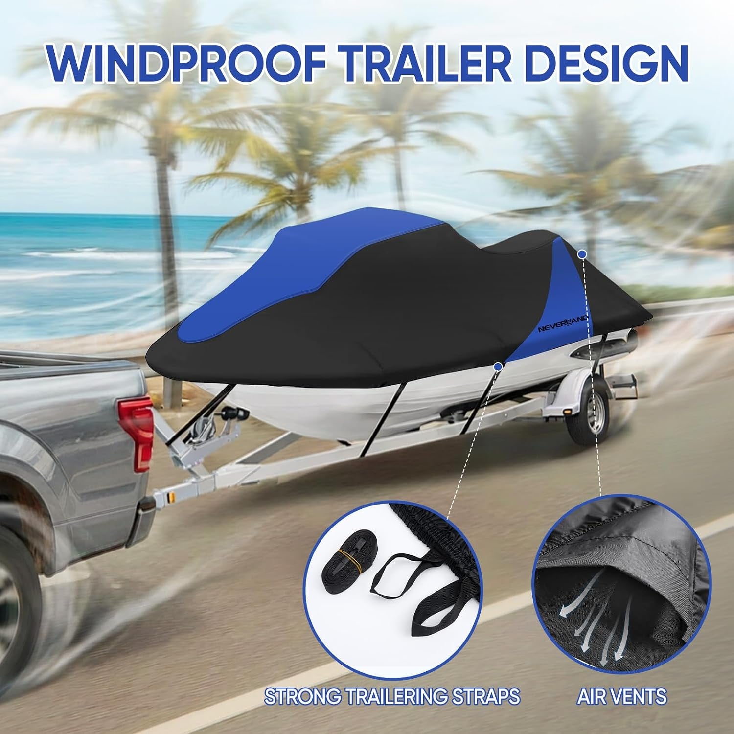 Trailerable Jet Ski Cover Waterproof - 600D Compatible with Yamaha Seadoo, Jetski Covers 2 3 Seater UV Resistant, Heavy Duty Jetski Cover 2 Air Vents Personal Watercraft Cover 120" to 135"(Dark Blue)