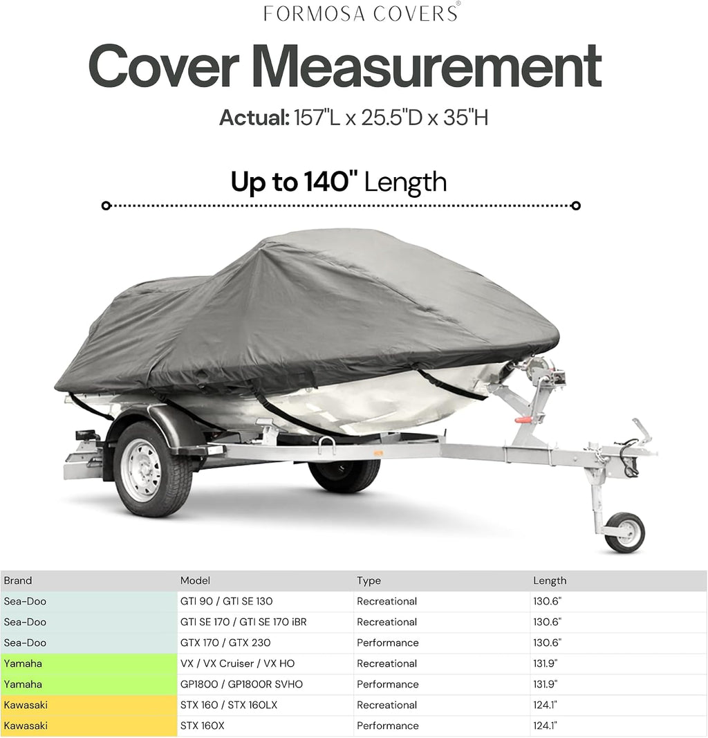 Trailerable Jet Ski Cover Personal Watercraft PWC Storage Compatible with Sea-Doo, Yamaha, Kawasaki, Polaris, Wet Jet, Honda, ARTCO Fits up to 140" (Charcoal Grey)