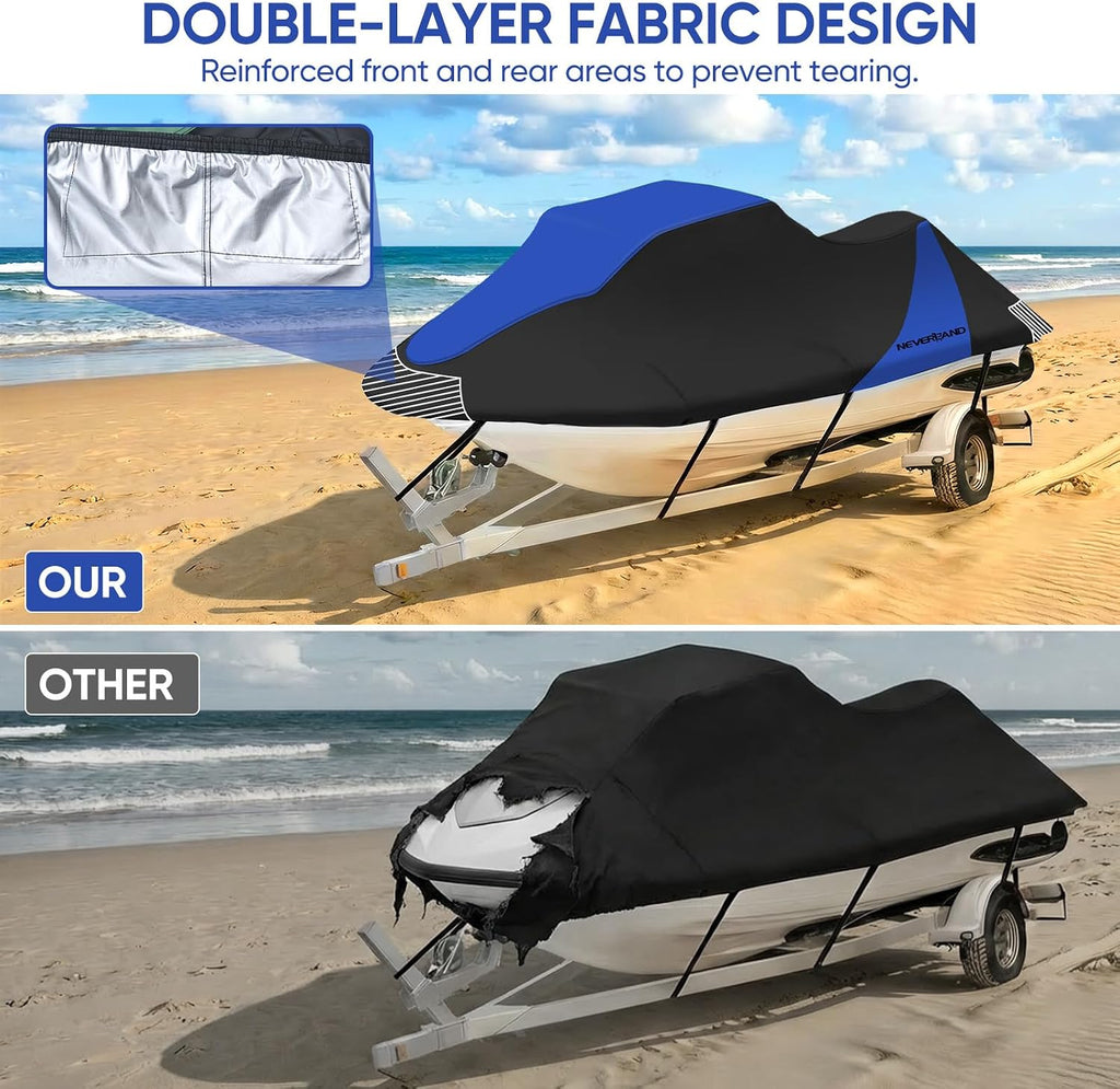 Trailerable Jet Ski Cover Waterproof - 600D Compatible with Yamaha Seadoo, Jetski Covers 2 3 Seater UV Resistant, Heavy Duty Jetski Cover 2 Air Vents Personal Watercraft Cover 120" to 135"(Dark Blue)