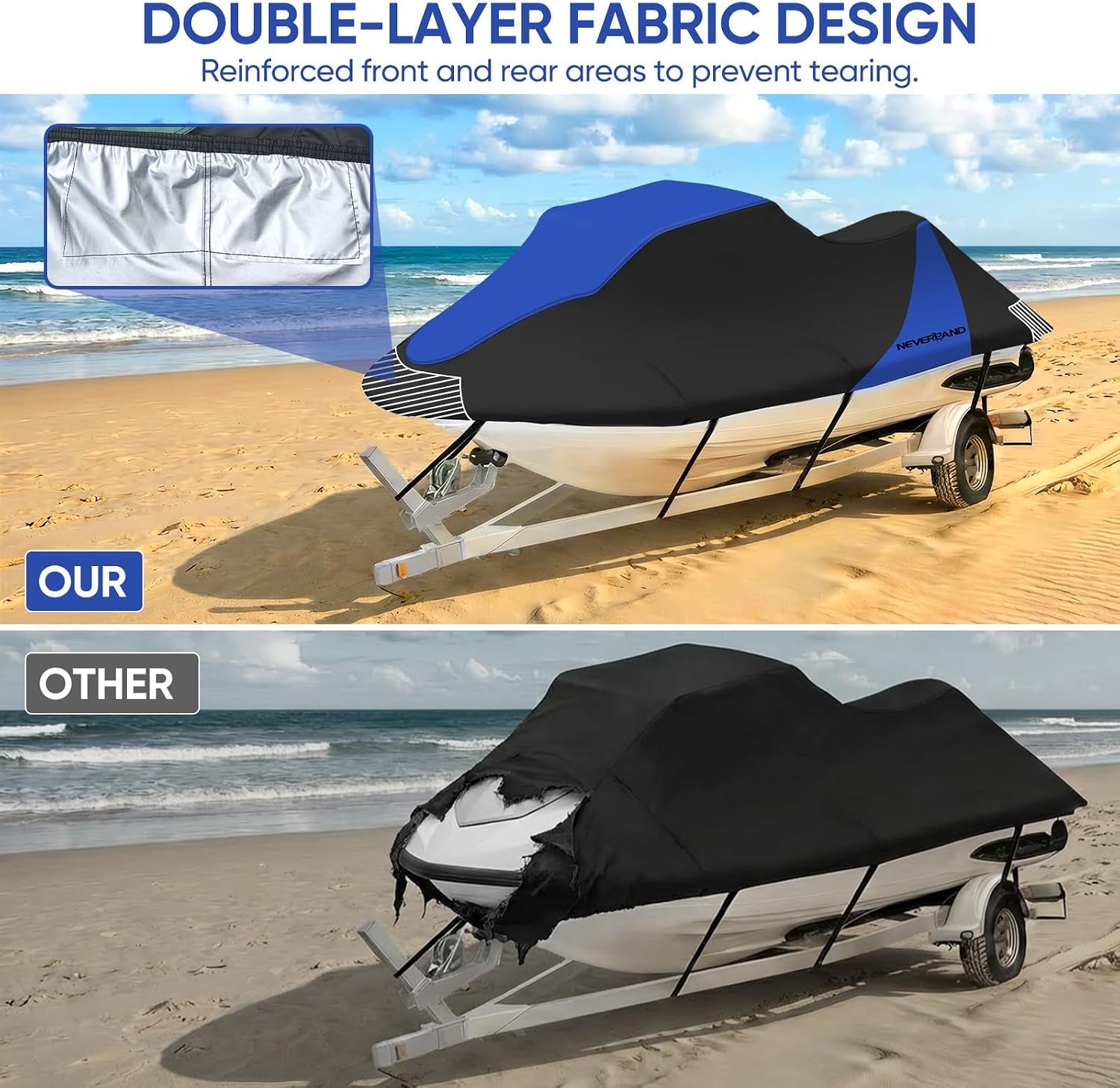 Trailerable Jet Ski Cover Waterproof - 600D Compatible with Yamaha Seadoo, Jetski Covers 2 3 Seater UV Resistant, Heavy Duty Jetski Cover 2 Air Vents Personal Watercraft Cover 120" to 135"(Dark Blue)